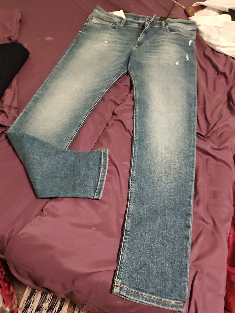 Diesel Men's  Blue Distressed Bootcut Jeans Skinny Fit, Low Waist, Skinny Leg 36